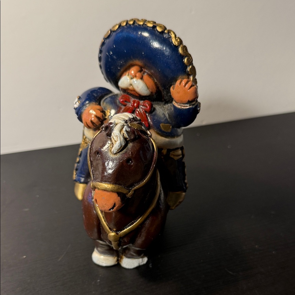 Handcrafted Ceramic Cowboy Vaquero in Sombrero Figurine - Blue and Brown